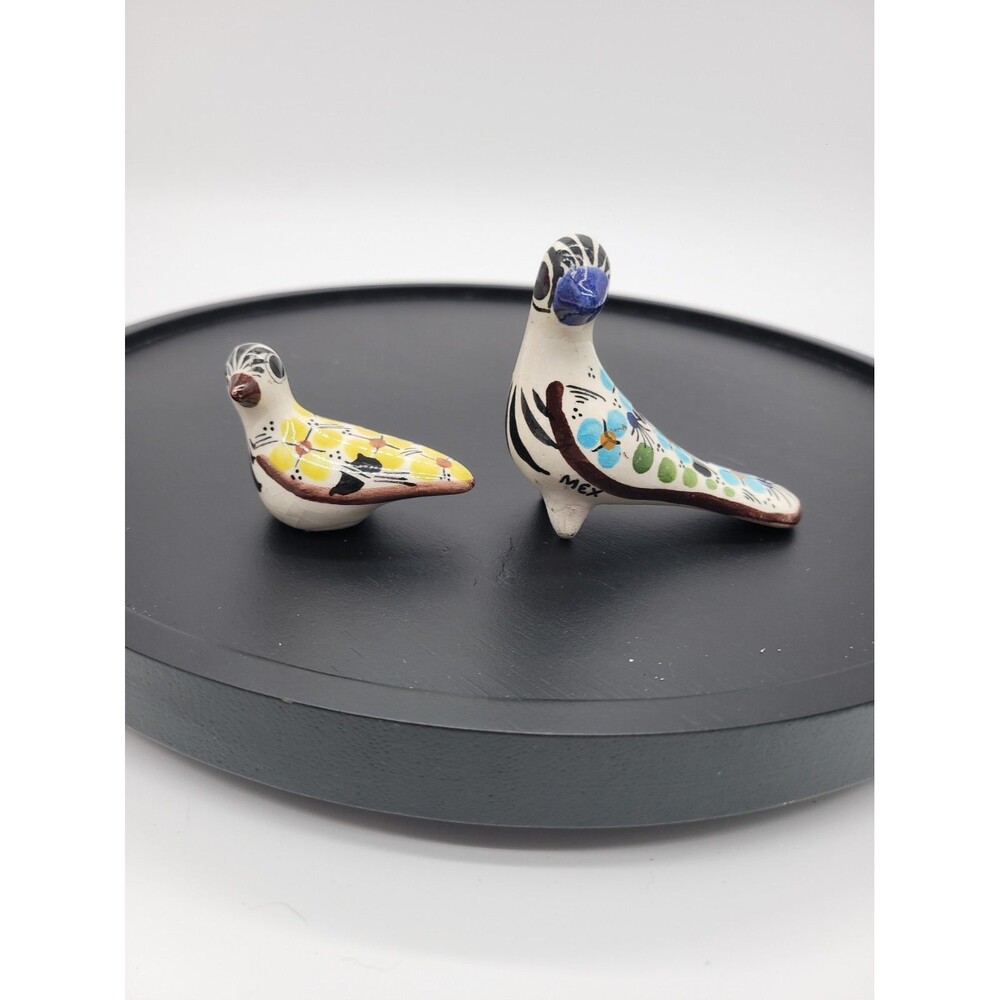 Vintage Mexican Tonala Ceramic Bird Figurines Folk Art Dove Hand Painted 3" Tall